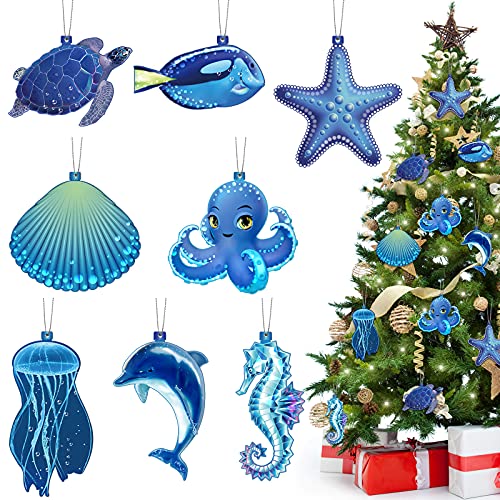 Outus 32 Pieces Wooden Christmas Ornaments Hanging Ocean Themed Hanging Ornaments Starfish Sea Turtle Jellyfish Seashells Hanging Ornaments Christmas Tree Wood Ornaments for Xmas DecorSea Animal - Image 1