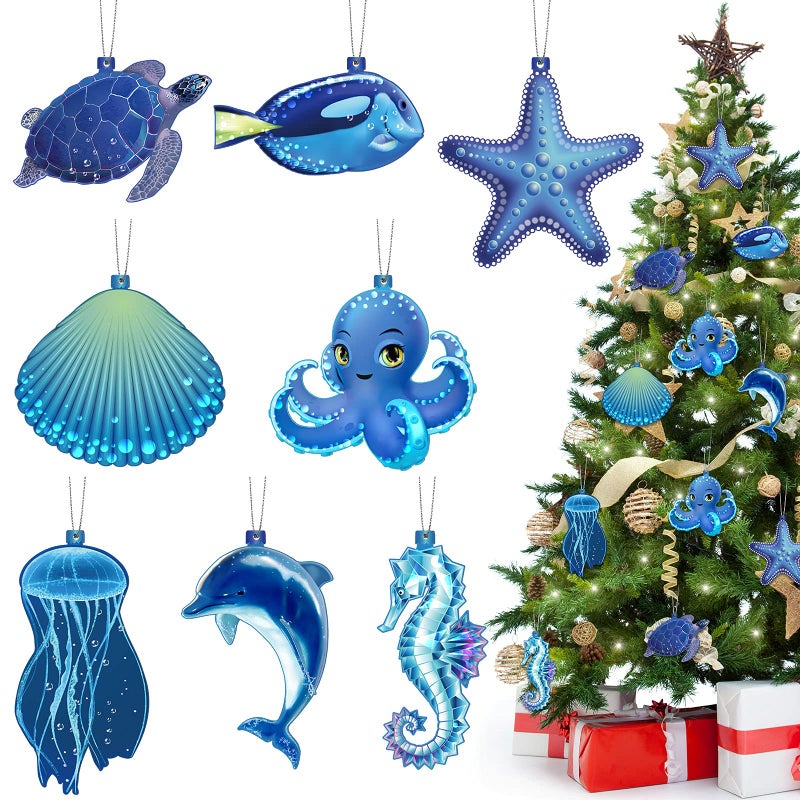 Outus 32 Pieces Wooden Christmas Ornaments Hanging Ocean Themed Hanging Ornaments Starfish Sea Turtle Jellyfish Seashells Hanging Ornaments Christmas Tree Wood Ornaments for Xmas DecorSea Animal - Image 2