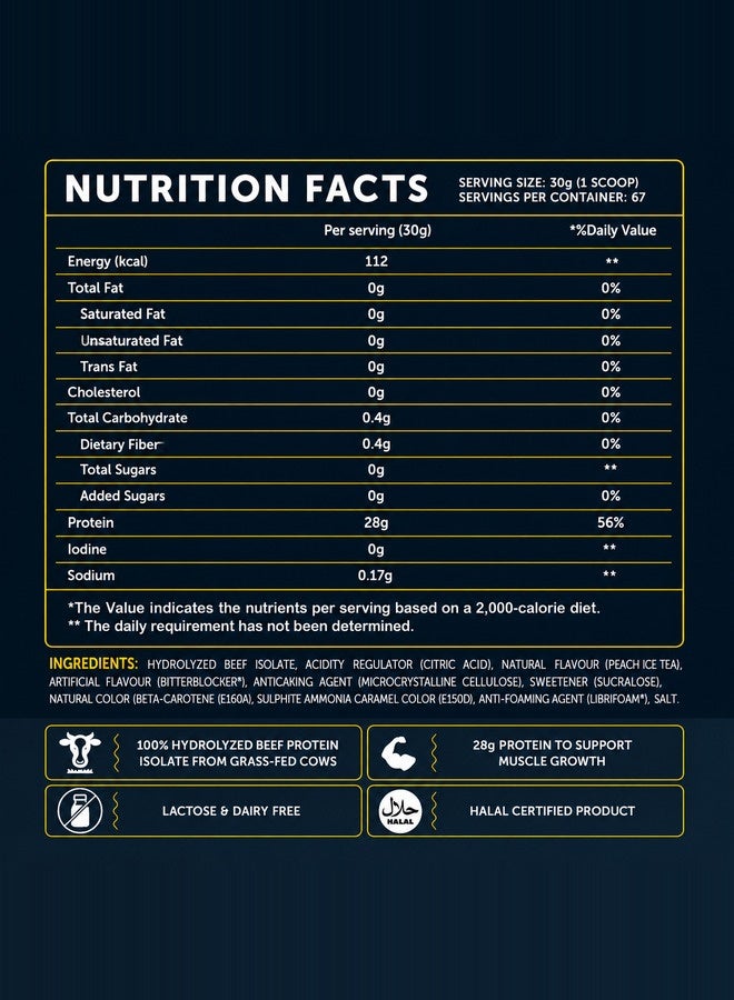 Clear Beef Protein Isolate Powder, 28G Protein Per Serving, Hydrolyzed, Dairy-Free, Sugar-Free, Keto Friendly, Peach Ice Tea, 2Kg (4.4Lb)