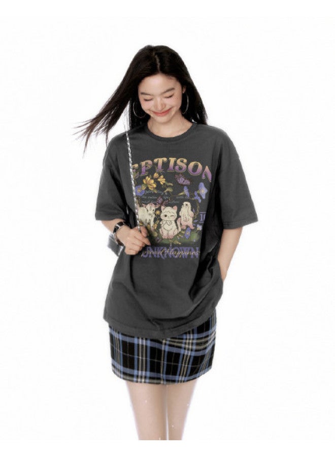 EPTISON Women's Short Sleeve T-shirt Summer Fashion Cartoon Color Contrast Print Pure Cotton Loose Casual Versatile Top - Image 1