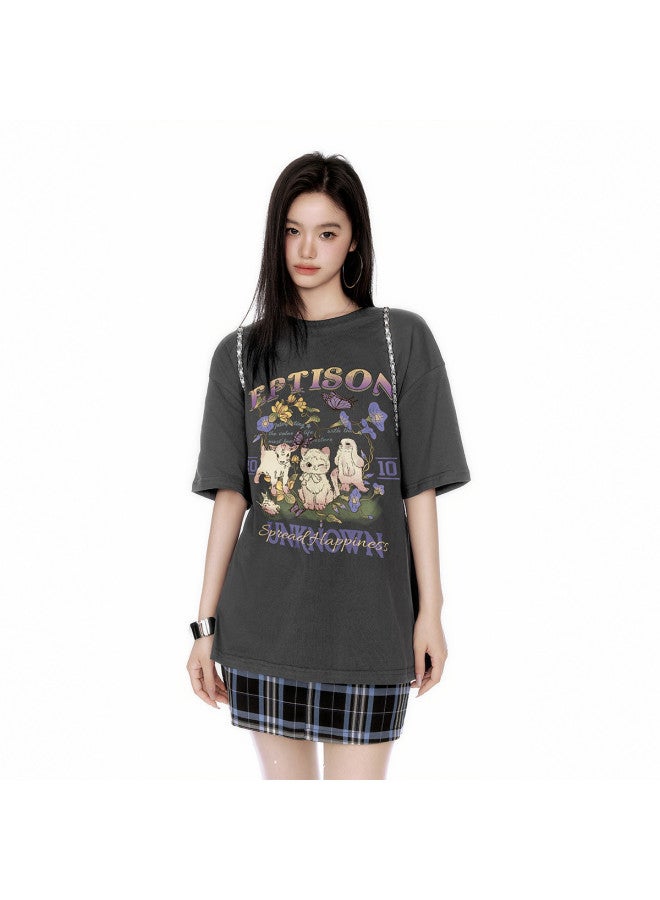 EPTISON Women's Short Sleeve T-shirt Summer Fashion Cartoon Color Contrast Print Pure Cotton Loose Casual Versatile Top - Image 4