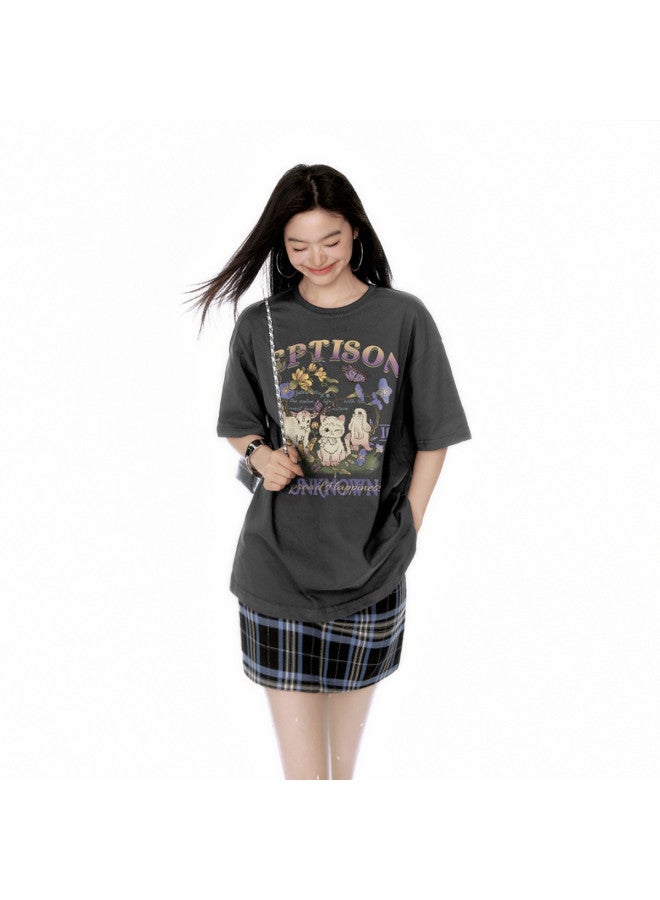 EPTISON Women's Short Sleeve T-shirt Summer Fashion Cartoon Color Contrast Print Pure Cotton Loose Casual Versatile Top - Image 2