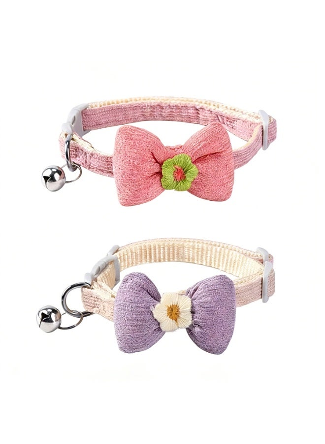 Winray 2 Pack Cute Floral Pink Bowtie Cat Collar with Bell, Soft Cotton Adjustable Collar for Cats and Kittens - Image 1