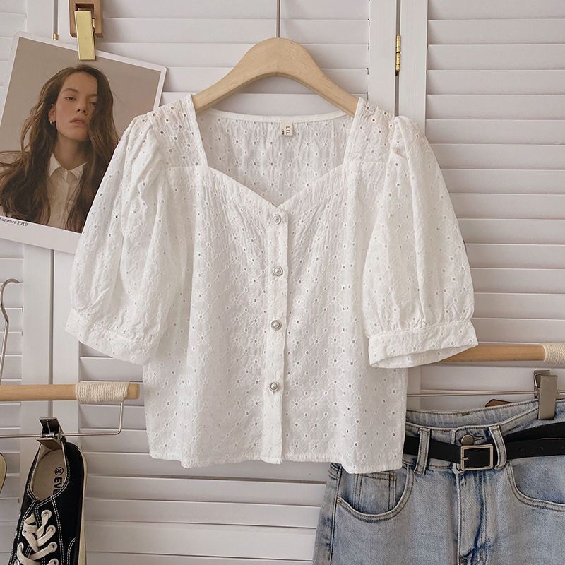 Square Neck Cut Out Hook Pattern Single-Breasted Puff Sleeve Short Shirt For Women 2025 Summer Korean Style Versatile White Top - Image 1