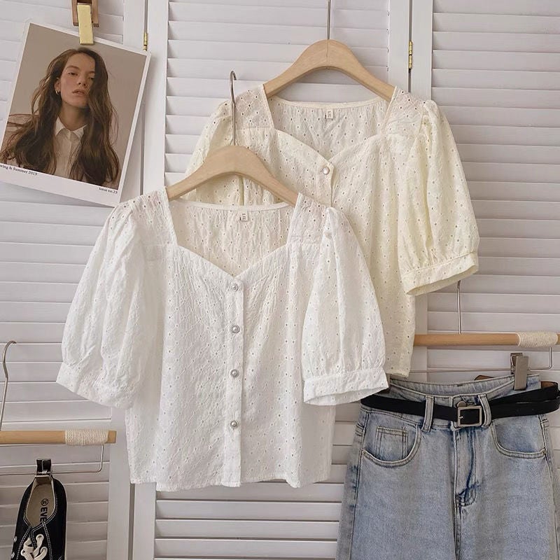 Square Neck Cut Out Hook Pattern Single-Breasted Puff Sleeve Short Shirt For Women 2025 Summer Korean Style Versatile White Top - Image 2