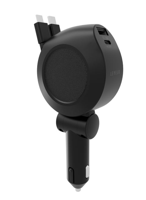 Orbis 4 In 1 Saffiano Leather Car Charger 88W With 2 Built-In Retractable Type-C Cable and Type-C and USB A Ports / Short Circuit Protection / Voltage LED Indicator / Foldable Car Charger - Black