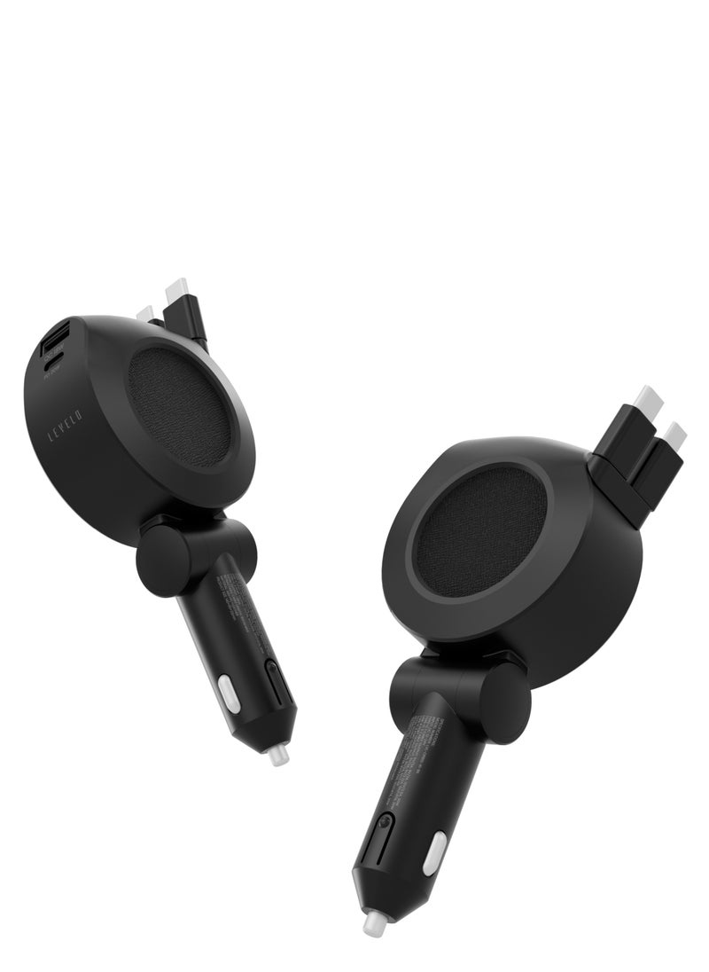 Orbis 4 In 1 Saffiano Leather Car Charger 88W With 2 Built-In Retractable Type-C Cable and Type-C and USB A Ports / Short Circuit Protection / Voltage LED Indicator / Foldable Car Charger - Black