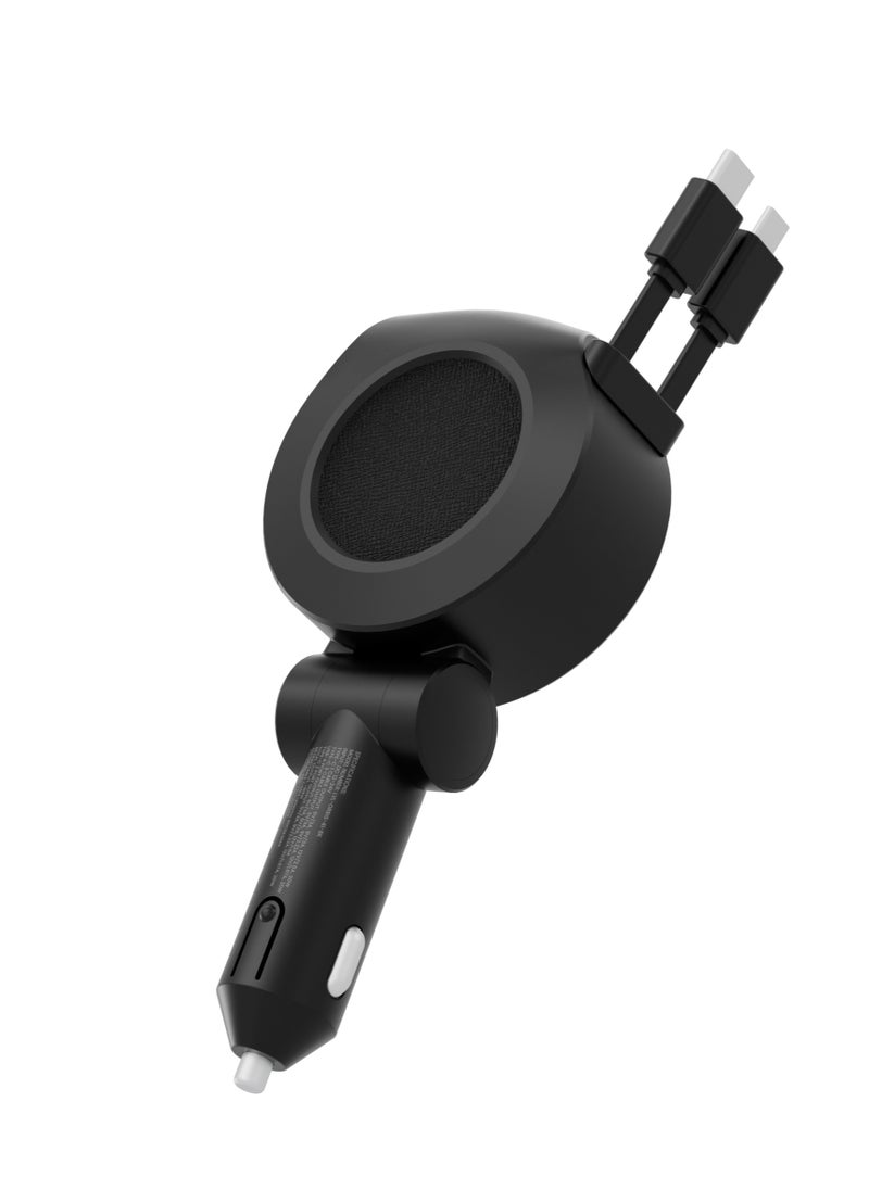 Orbis 4 In 1 Saffiano Leather Car Charger 88W With 2 Built-In Retractable Type-C Cable and Type-C and USB A Ports / Short Circuit Protection / Voltage LED Indicator / Foldable Car Charger - Black