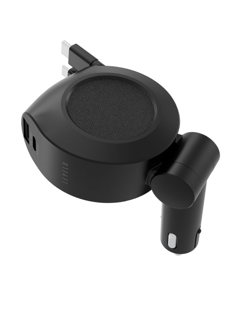 Orbis 4 In 1 Saffiano Leather Car Charger 88W With 2 Built-In Retractable Type-C Cable and Type-C and USB A Ports / Short Circuit Protection / Voltage LED Indicator / Foldable Car Charger - Black