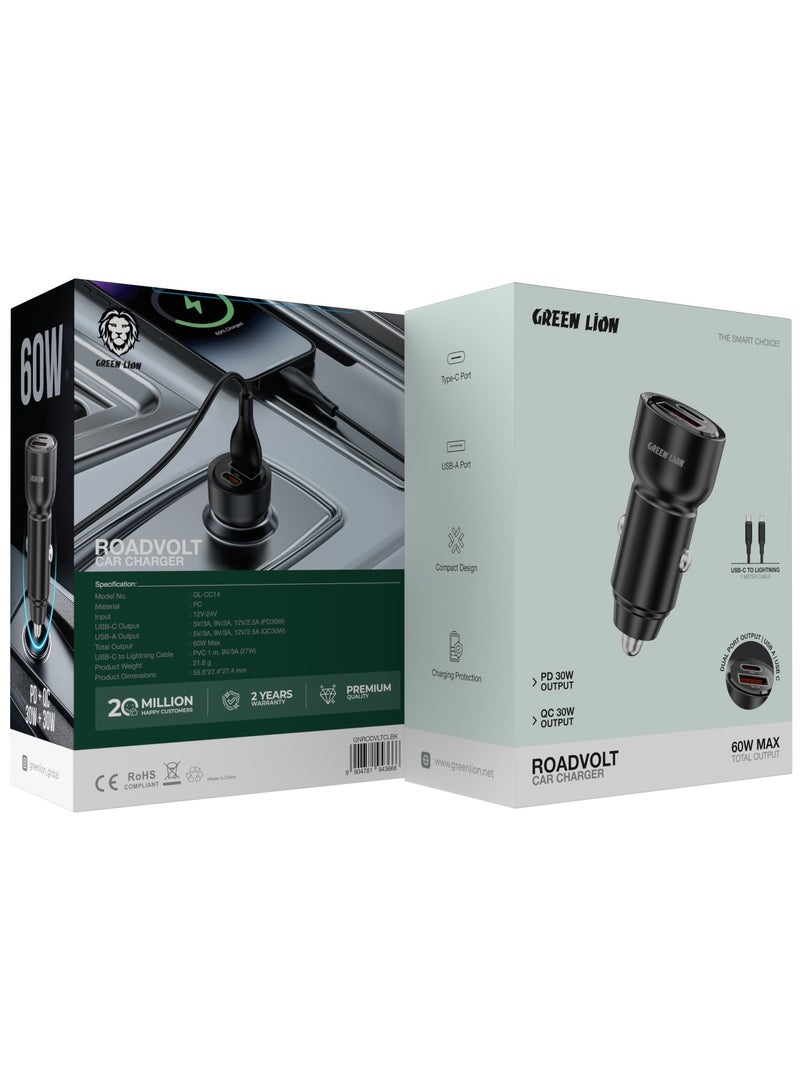 GREEN LION RoadVolt Car Charger PD30W + QC30W With Total Output 60W Max, USB C to L 1m Cable / Charging Protection / Made for Phones (iPhone, Samsung, Xiaomi) and Tablets - Black - Image 4