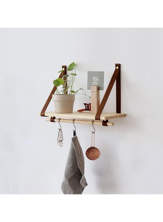PU Brown Leather Strap Wall Floating Shelf Biege