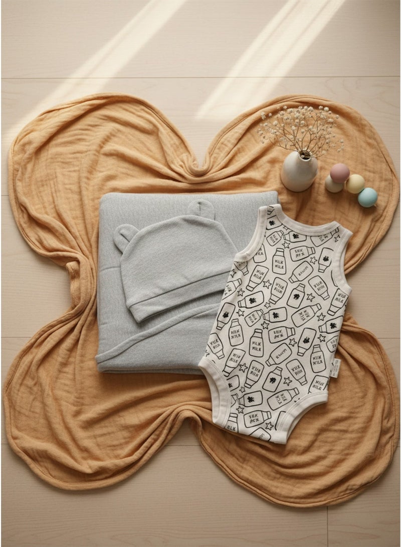 طقم بطانية أطفال برسومات لطيفة - قطن ناعم، مريح للمواليد الجدد، طقم من 3 قطع، وطقم سترة رمادية للأطفال - قطن ناعم، مريح للمواليد الجدد، طقم من قطعة واحدة. - Image 1