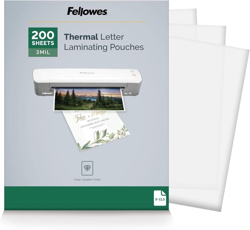 Fellowes أوراق الترقق الحراري، أكياس بحجم رسالة 3mil، 9 × 11.5، 200 عبوة، شفافة (5743401) - Image 1