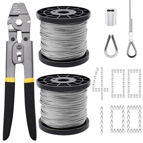 FGBNM 656ft Wire Rope Crimping Tool Kit, 1/16" Stainless Steel Wire Rope Cable with Aluminum Crimping Sleeves and Stainless Steel Thimbles for Railing, Decking, Picture Hanging - Image 1
