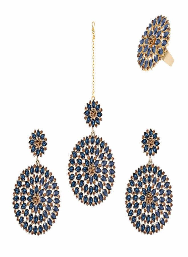 JFL - Jewellery for Less Combo of Stylish Gold Plated Polki Stone Studded Maang Tikka with Dangler Earrings and Adjustable Finger Ring for Women and Girls - Image 1