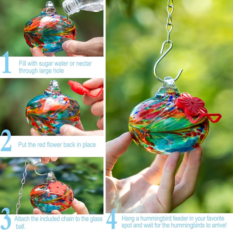 Nxpceay Small Hummingbird Feeder for Outdoors,Hand Blown Glass Humming Bird Feeders with Perch,Never Leak,Garden Patio Decor for Window(Phoenix Tail Blue) - Image 3