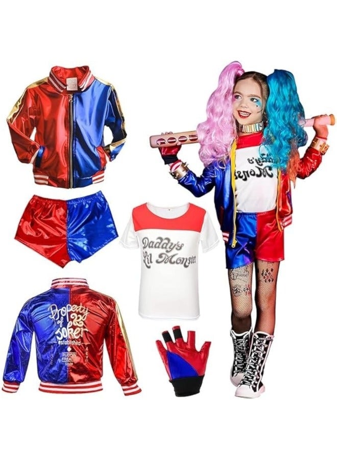 CCOVERY Children's Cosplay Costumes,Dress Up Costume for Girls,Girls Cosplay Costume with Blue and Red T-Shirt Shorts Jacket and Gloves,Squad Cosplay Costume for Holiday - Image 1