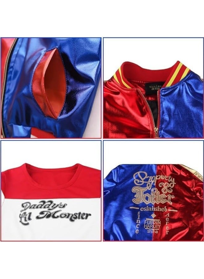 CCOVERY Children's Cosplay Costumes,Dress Up Costume for Girls,Girls Cosplay Costume with Blue and Red T-Shirt Shorts Jacket and Gloves,Squad Cosplay Costume for Holiday - Image 4