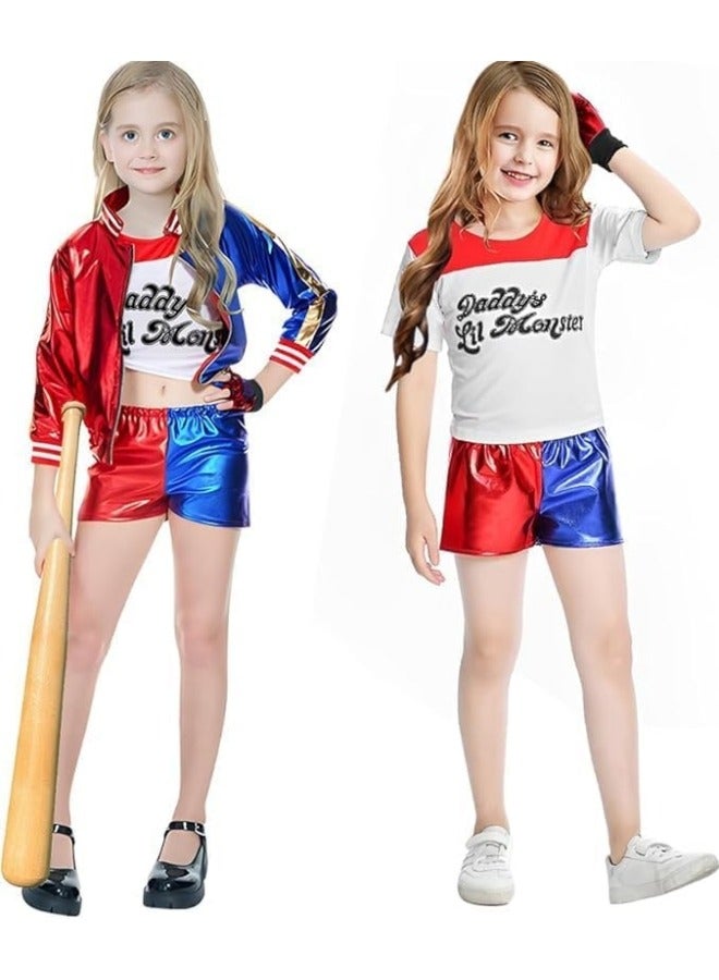 CCOVERY Children's Cosplay Costumes,Dress Up Costume for Girls,Girls Cosplay Costume with Blue and Red T-Shirt Shorts Jacket and Gloves,Squad Cosplay Costume for Holiday - Image 5