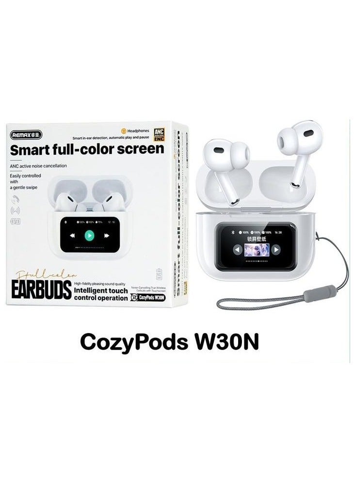REMAX Cozypods W30N Noise-Cancelling True Wireless Earbuds with Touch Screen - White Wireless Earbuds with built-in LCD Touchscreen ANC, ENC, Music & Camera Control - Image 5