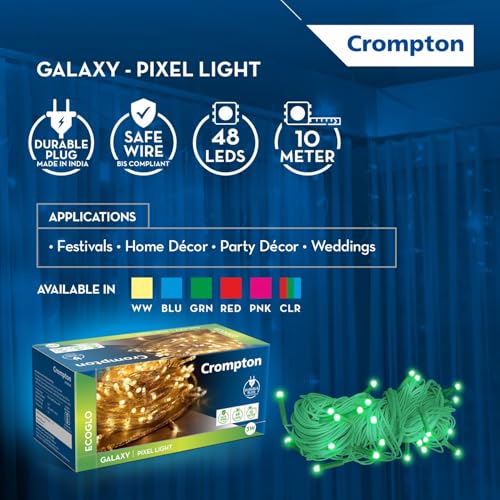 Crompton Galaxy Pixel Light | Festive Ladi Lights | 10 Meter | 48 LEDs | Green | Pack of 6 | Direct 2-pin Plug | BIS Safe Wire | for Home Decoration, Diwali, Festival, Birthday, Marriage - Image 3