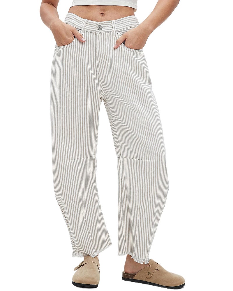 Kedera Mid Rise Barrel Jeans for Women Mid Waist Wide Leg Cropped Denim Pants Y2k Baggy Boyfriend Jeans with Pockets - Image 1