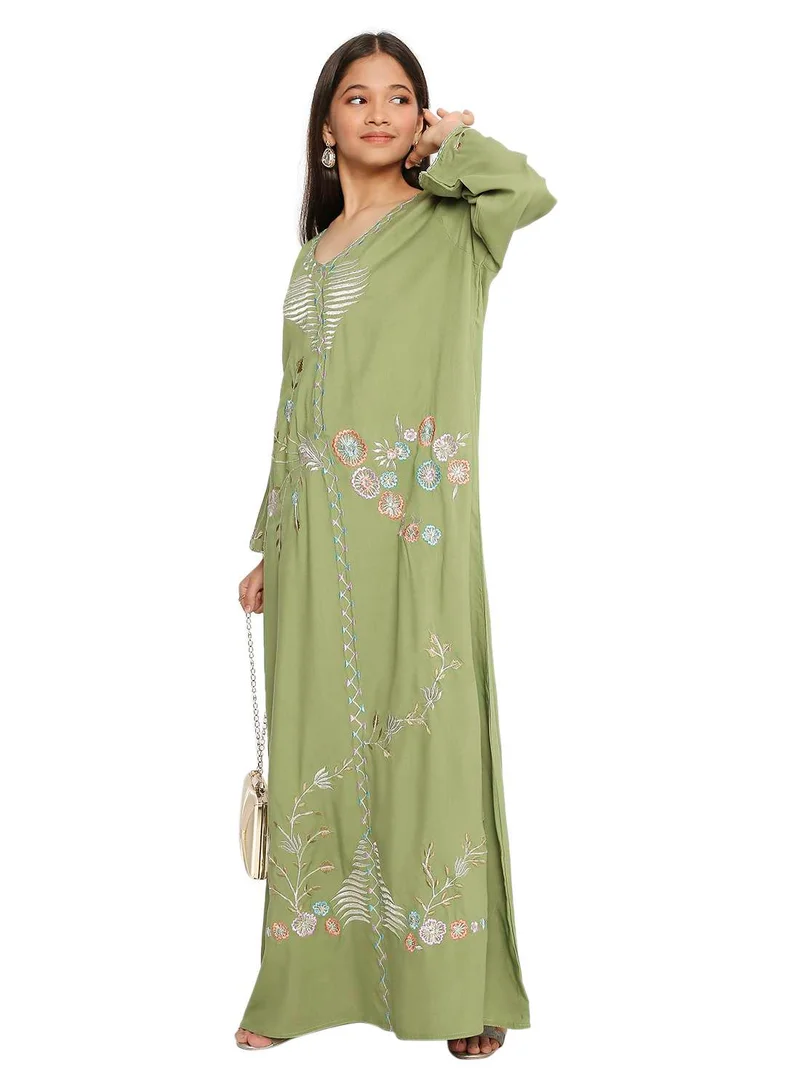 HANA & SARA GIRLS DRESS WITH UNIQUE COLOURFULL THREAD EMBROIDERY ON SOLID COLOUR FARASHA