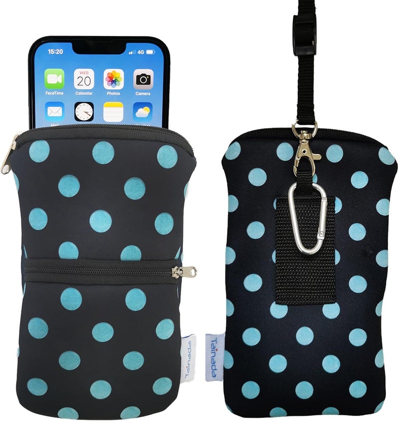 Tainada Men Women Phone Neoprene Shockproof Zipper Sleeve Case Bag Pouch w/Clip, Neck Lanyard, Belt Loop Holster for iPhone 17/16 Pro Max, 16 Plus, 16e ; Samsung S25, S24 (Black Turquoise Polka Dots) - Image 1