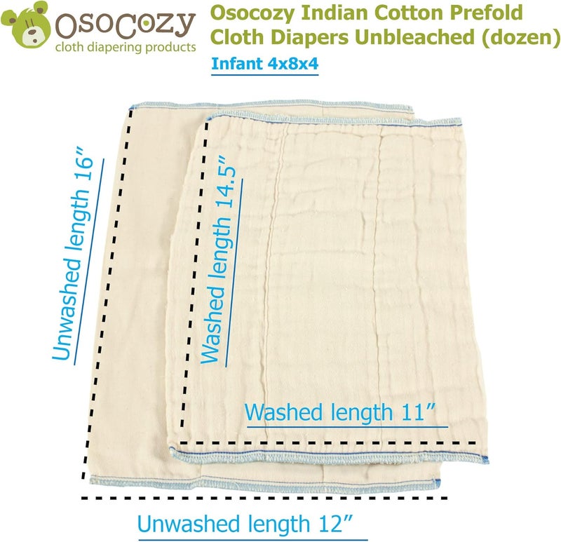 OsoCozy Unbleached Prefold Cloth Diapers 100% Cotton, Durable, Soft, Absorbent, Sustainable & Economical - dims, Fits size range. - (Size) - Image 3