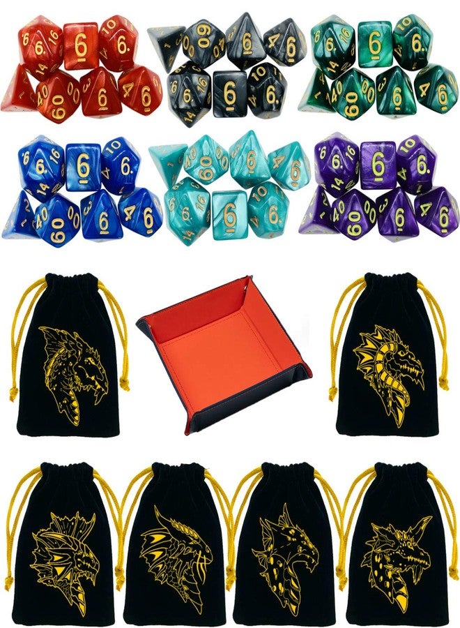 TOYFUL 6 sets of DND Polyhedron Dice for MTG RPG Dice with 6 Lanyard Bags and PU Leather D&D Dice Tray - Image 1