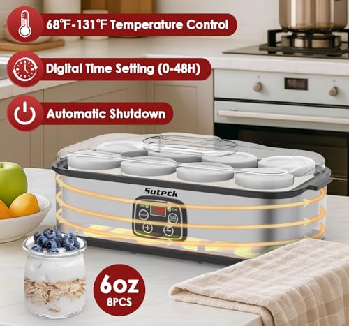 Suteck Yogurt Maker - Stainless Steel Yogurt Makers with Adjustable Time & Temp Control，Automatic Shut-Off & Constant Temper for Homemade Greek, Probiotic Yogurt, BPA-Free 8 Glass Jars (48 oz), Black - Image 3