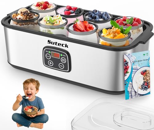 Suteck Yogurt Maker - Stainless Steel Yogurt Makers with Adjustable Time & Temp Control，Automatic Shut-Off & Constant Temper for Homemade Greek, Probiotic Yogurt, BPA-Free 8 Glass Jars (48 oz), Black - Image 1