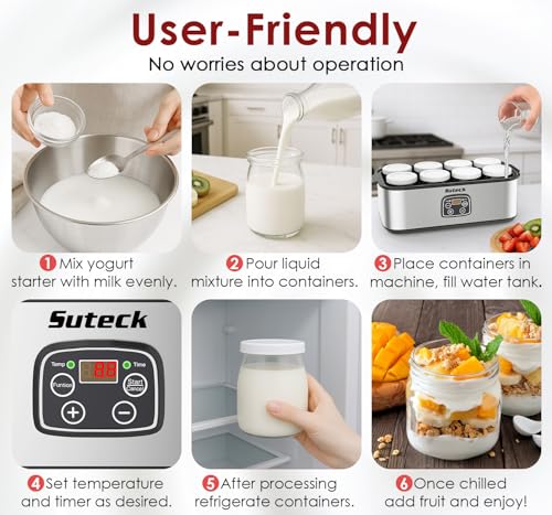Suteck Yogurt Maker - Stainless Steel Yogurt Makers with Adjustable Time & Temp Control，Automatic Shut-Off & Constant Temper for Homemade Greek, Probiotic Yogurt, BPA-Free 8 Glass Jars (48 oz), Black - Image 2
