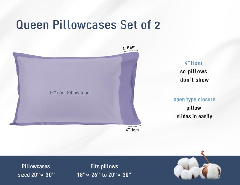 HOMTEC Cotton Pillow Cases Standard Size  20 by 30 inches Queen Pillowcases  Purple Pillow Cases Set of 2  Pillow Cases Queen Cotton Percale Weave Pre-Shrunk Breathable and Hypoallergenic - Image 3