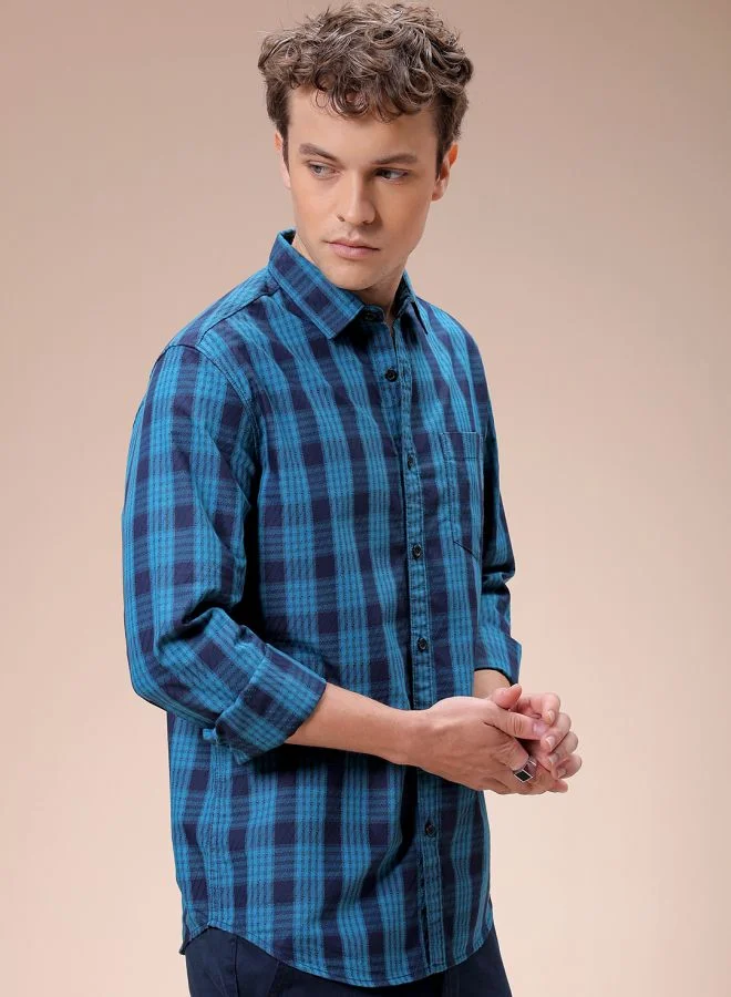 ذا انديان كراج كو Men Slim Fit Checkered Full Sleeves Cutaway Collar Casual Shirt