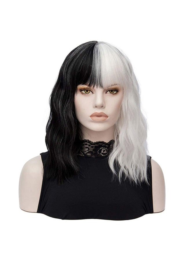 FVCENT Short Curly Shoulder Length Full Bang Women Bob Wig for Cruella Costume Women for Halloween Party Costume (Black and White Without accessories) - Image 1