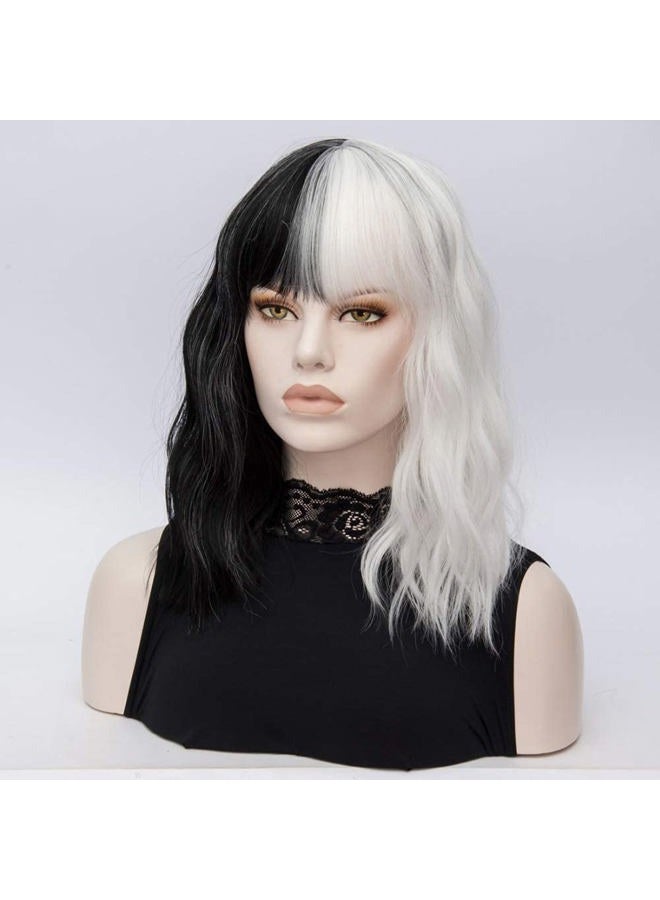 FVCENT Short Curly Shoulder Length Full Bang Women Bob Wig for Cruella Costume Women for Halloween Party Costume (Black and White Without accessories) - Image 3