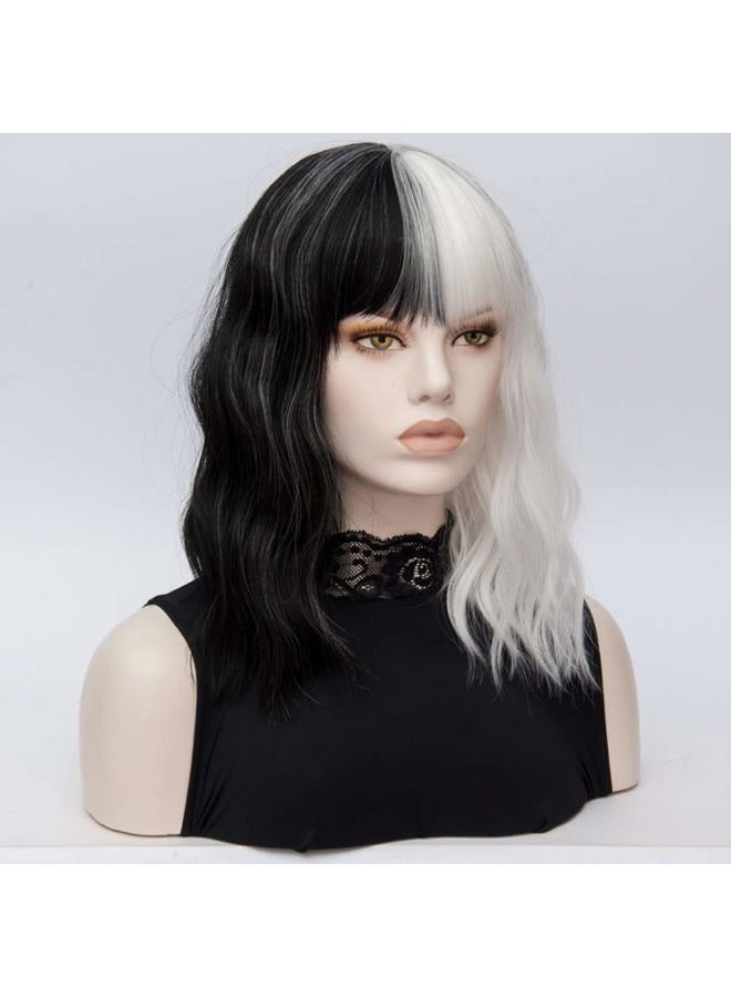 FVCENT Short Curly Shoulder Length Full Bang Women Bob Wig for Cruella Costume Women for Halloween Party Costume (Black and White Without accessories) - Image 2