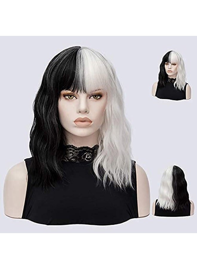 FVCENT Short Curly Shoulder Length Full Bang Women Bob Wig for Cruella Costume Women for Halloween Party Costume (Black and White Without accessories) - Image 4