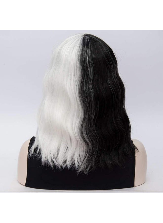 FVCENT Short Curly Shoulder Length Full Bang Women Bob Wig for Cruella Costume Women for Halloween Party Costume (Black and White Without accessories) - Image 5