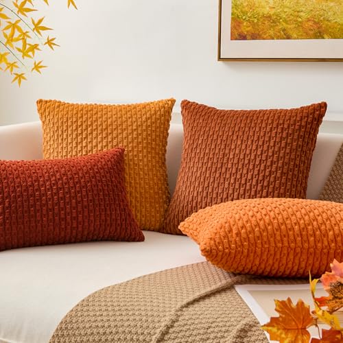 K KEVIN TEXTILE كيفن تيكستايل خريف ناعم مخمل صلب مربع غطاء وسادة زخرفي يدوي مع سحاب مخفي للموسم الخريفي 2 عبوات 18x18 بوصة طوب محترق - Image 5