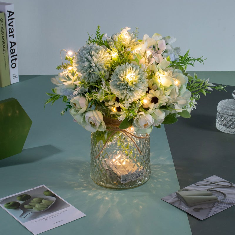 KELINGO Artificial LED Green Rose Flowers with Glass Vase, Remote Control Led Light, Flower Arrangement for Table Centerpiece, Home Office Wedding Decoration - Image 1
