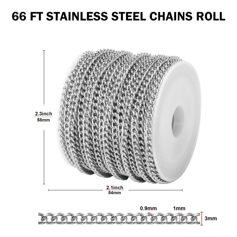 Ucevi [66 FT] Stainless Steel Curb Chains Bulk for Jewelry Making, 3mm 304 Stainless Steel Flat Twisted Links Curb Chains Roll Spool for Jewelry Making DIY Craft - Image 2