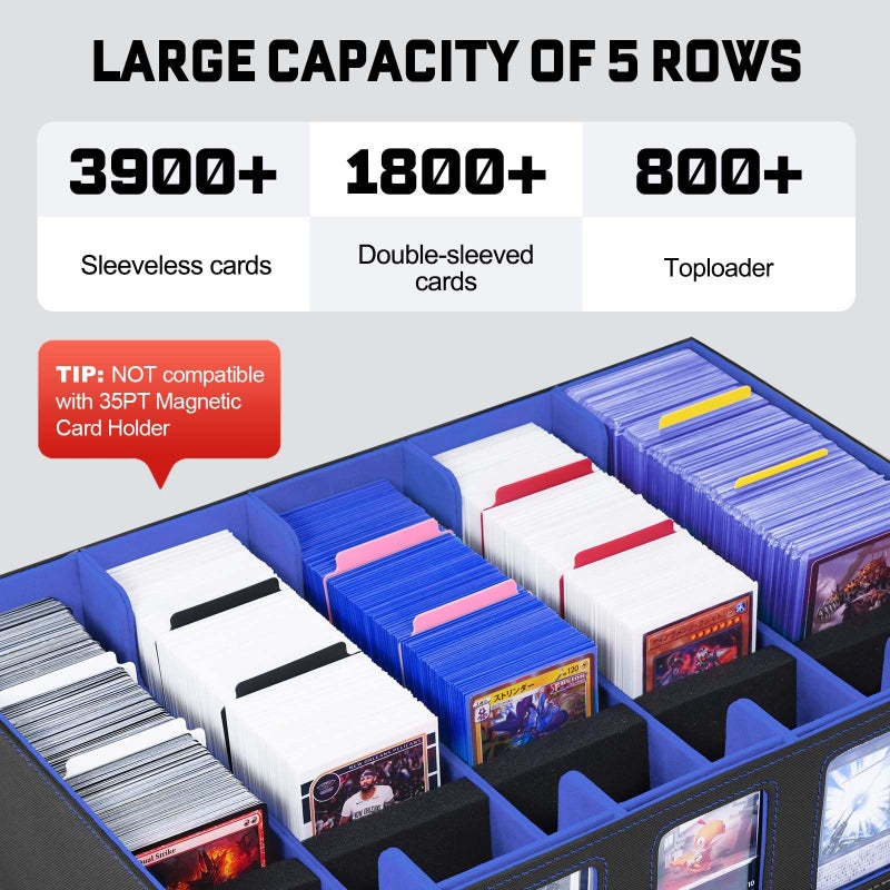 ZLCA Trading Card Storage Box 5-Row with Handle, MTG Storage Box Holds 3900+ Cards with Commander Display, Top Loaders Organizer Case for TCG PTCG Sport Card(Black&Blue) - Image 2