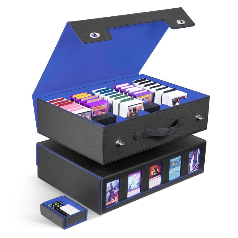ZLCA Trading Card Storage Box 5-Row with Handle, MTG Storage Box Holds 3900+ Cards with Commander Display, Top Loaders Organizer Case for TCG PTCG Sport Card(Black&Blue) - Image 1