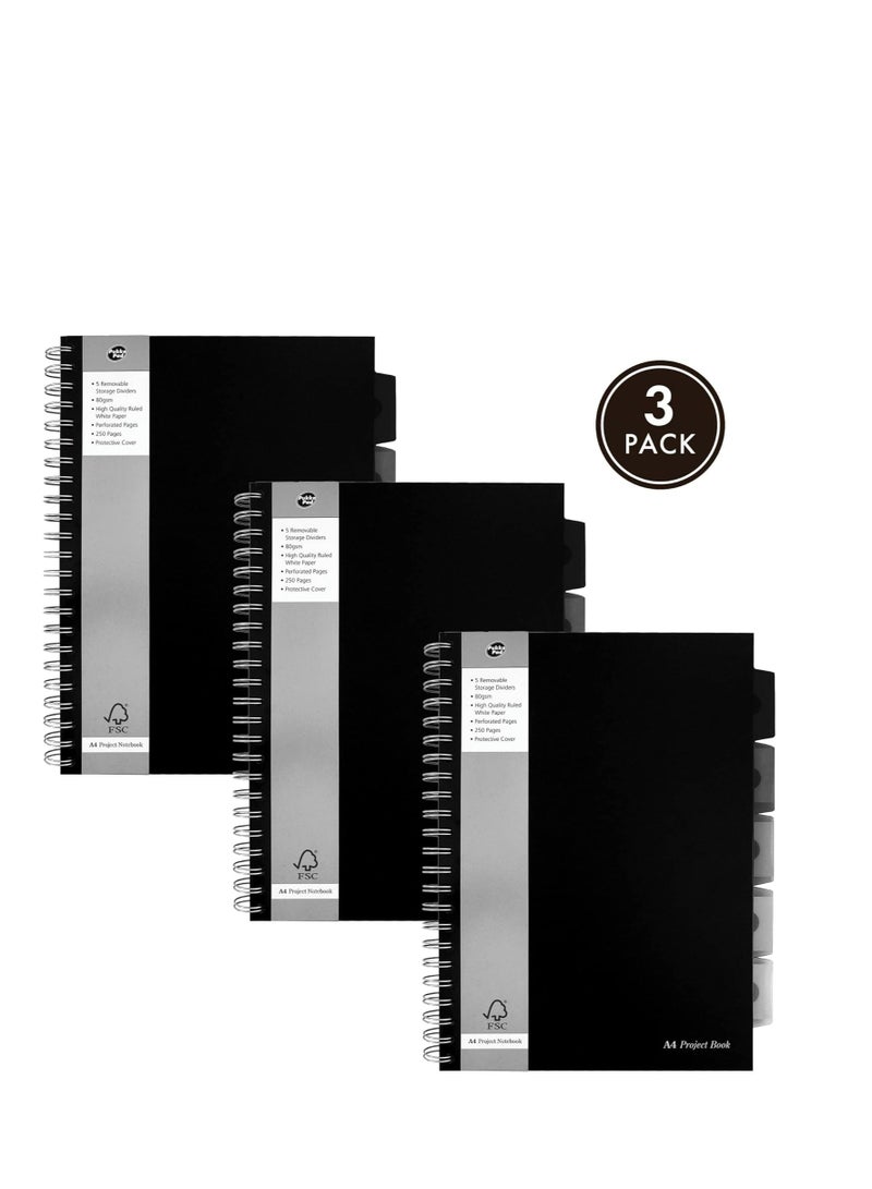 Pukka Pad, A4 Executive Project Notebook 3-Pack - 29.7 x 21cm - Wirebound Notebook with 8mm Feint Ruled Lines on 80GSM Paper - Includes 5 Repositionable Dividers with Storage Pockets - 250 Pages - Image 1