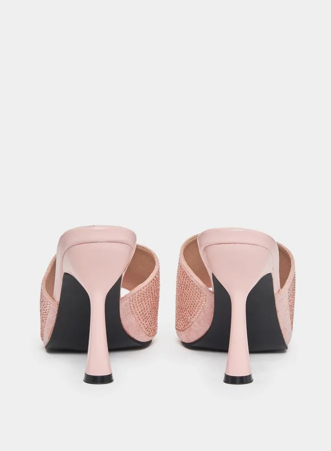 Styli Rhinestone Decor Mule Heeled Sandals