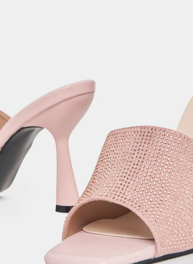 Styli Rhinestone Decor Mule Heeled Sandals
