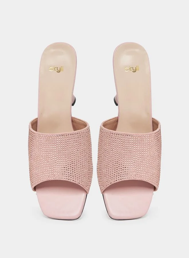 Styli Rhinestone Decor Mule Heeled Sandals
