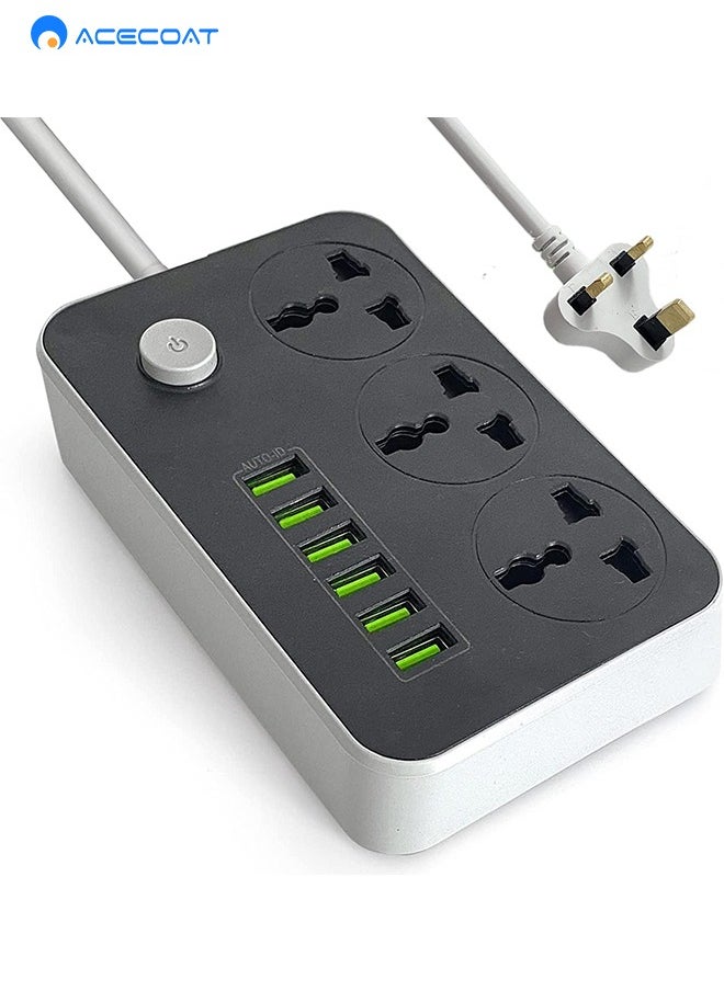 ACECOAT 9 in 1 Universal  Extension Lead with USB Ports 3 Way Outlets 6 USB Ports Surge Protection UK Socket with 2M Bold Extension Cord with Fuse and Shutter Power Strips Universal Socket, White/Black  - Image 1